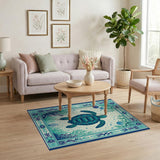 Blue and Teal Teal Sea Turtle Coastal Area Rug