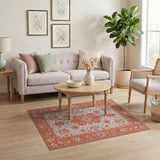 ODIKA Washable Oriental Area Rug - Orange & Pink Floral Medallion, Low Pile Non-Slip Pet Friendly Rug