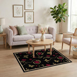 Red Dahlia Golden Butterfly Black Area Rug