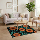 Vibrant Orange Sunflower Teal Leaf Area Rug