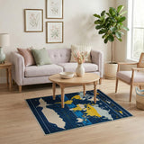 Navy World Map Pixelated Area Rug