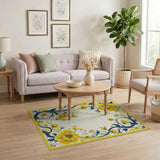 ODIKA Yellow and Blue Floral Washable Rug - Vintage Low Pile Non-Slip Area Rug
