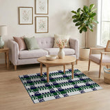 Navy Green Geometric Grid Area Rug