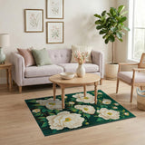Green Emerald Green White Peony Floral Area Rug