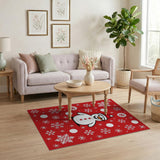 Festive Cartoon Snowman Snowflakes Red Rug