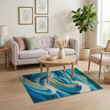 Blue and Teal Teal Ocean Waves Geometric Area Rug