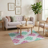 Teal Pink Damask Floral Area Rug