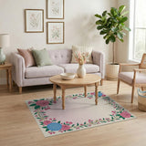 Vintage Floral Border Rug with Pink Roses Blue Hydrangeas