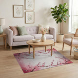 Pink Cherry Blossom Watercolor Washable Area Rug Low Pile Non-Slip