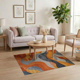 ODIKA Modern Abstract Wave Washable Area Rug - Terracotta & Grey Low Pile Non-Slip Rug