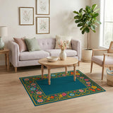 Ornate Floral Gold Border Teal Area Rug