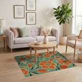 Vibrant Orange Blooms Teal Floral Area Rug