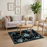 Vintage Blue Rose Floral Area Rug