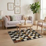 Geometric Grid Area Rug Black Beige Red Gold
