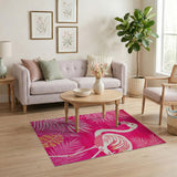 Coastal Beach Pink Flamingo Palm Leaf Area Rug