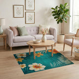 Distressed Teal Hibiscus and Palm Rug