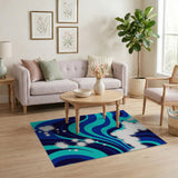 Blue Teal Abstract Wave Area Rug with Starbursts
