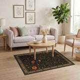Black Persian Floral Area Rug with Orange Blooms