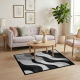 Black White Wavy Abstract Black and White Area Rug