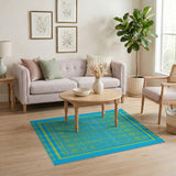 Teal Blue Geometric Woven Area Rug with Yellow Accents