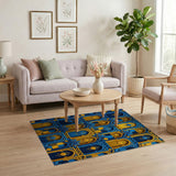 Blue Gold Arched Moroccan Tile Rug