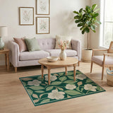 Emerald Green Floral Area Rug with White Blooms