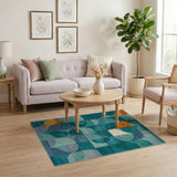 Teal Orange Curved Geometric Abstract Area Rug