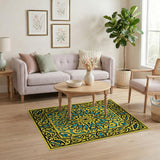 Golden Yellow Persian Floral Area Rug with Blue Motifs