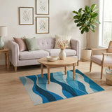 Layered Blue Waves Geometric Area Rug