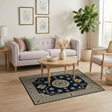 Navy Persian Area Rug with Gold Floral Medallion