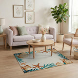 Blue Teal Seashell Starfish Coastal Border Rug
