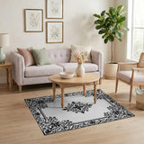 Ornate Floral Black White Area Rug