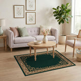 Elegant Green Area Rug with Ornate Gold Floral Border