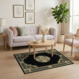 ODIKA Vintage Ornate Medallion Washable Area Rug - Black & Gold Low Pile Carpet