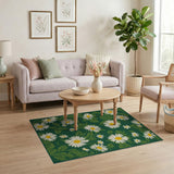 Green Emerald Green Daisy Floral Area Rug