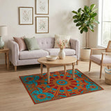 Vibrant Teal Orange Sunburst Geometric Area Rug