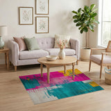 Vibrant Pink Teal Yellow Geometric Area Rug