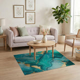 Blue and Teal Teal Gold Fluid Abstract Area Rug