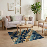 Modern Navy Teal Tan Wavy Stripe Area Rug