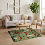 Green Floral Vintage Whimsical Mushroom Forest Area Rug