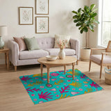 Vibrant Teal Coral Reef Seashell Area Rug