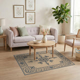 Ornate Beige Area Rug with Blue Floral Scrolls