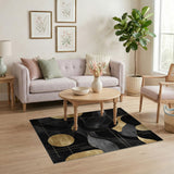 ODIKA Modern Abstract Black & Gold Washable Rug - Low Pile Non-Slip Area Rug