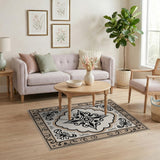 Elegant Beige Persian Area Rug with Ornate Black Motifs