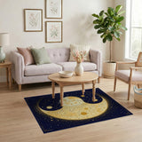 Boho Celestial Sun and Moon Washable Area Rug - Navy Blue & Gold Yin Yang