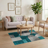Teal Grey Curved Geometric Area Rug