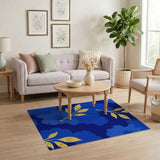Navy Blue Hibiscus Golden Leaf Area Rug