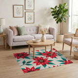 Red Floral Vintage Festive Red Poinsettia Floral Area Rug