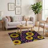 Vibrant Sunflower Pink Leaves Navy Area Rug