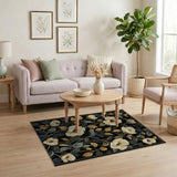 Exquisite Ivory Floral Black Area Rug